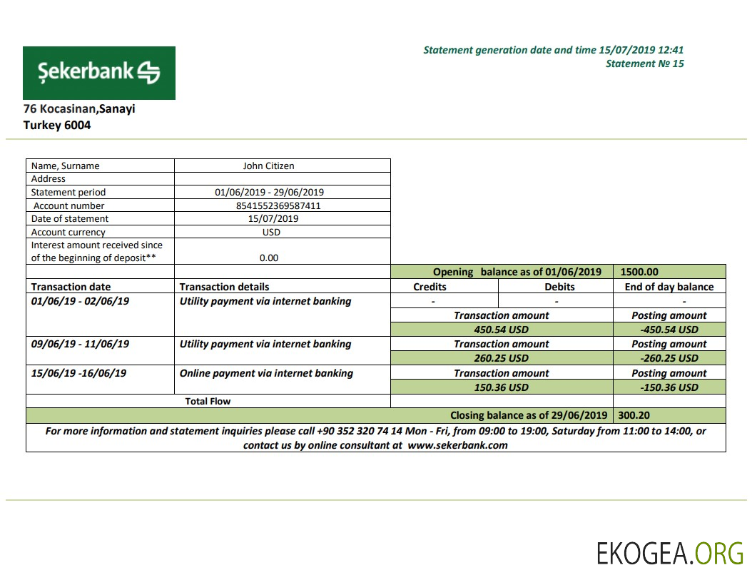 Modèle de relevé bancaire de la Sekerbank de Turquie au format .doc et .pdf, entièrement modifiable
